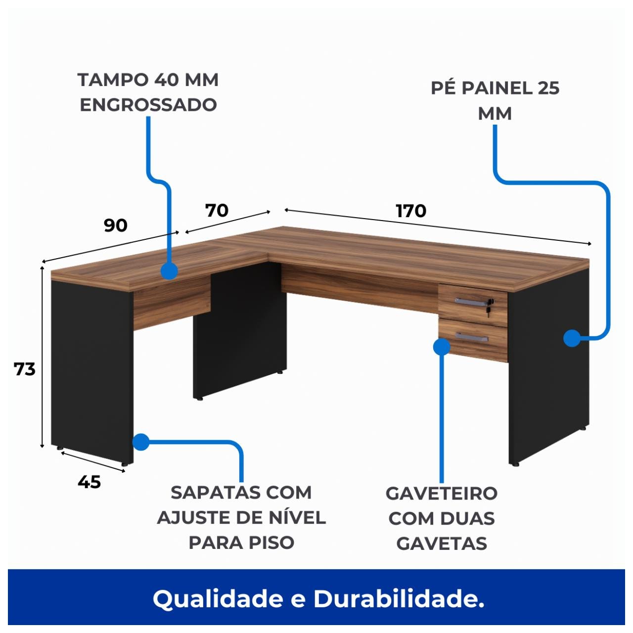 Mesa Escritório em L Mesa 1,70m + Mesa Auxiliar 02 Gavetas Nogal Sevilha / Preto 21479 - Imagem 5