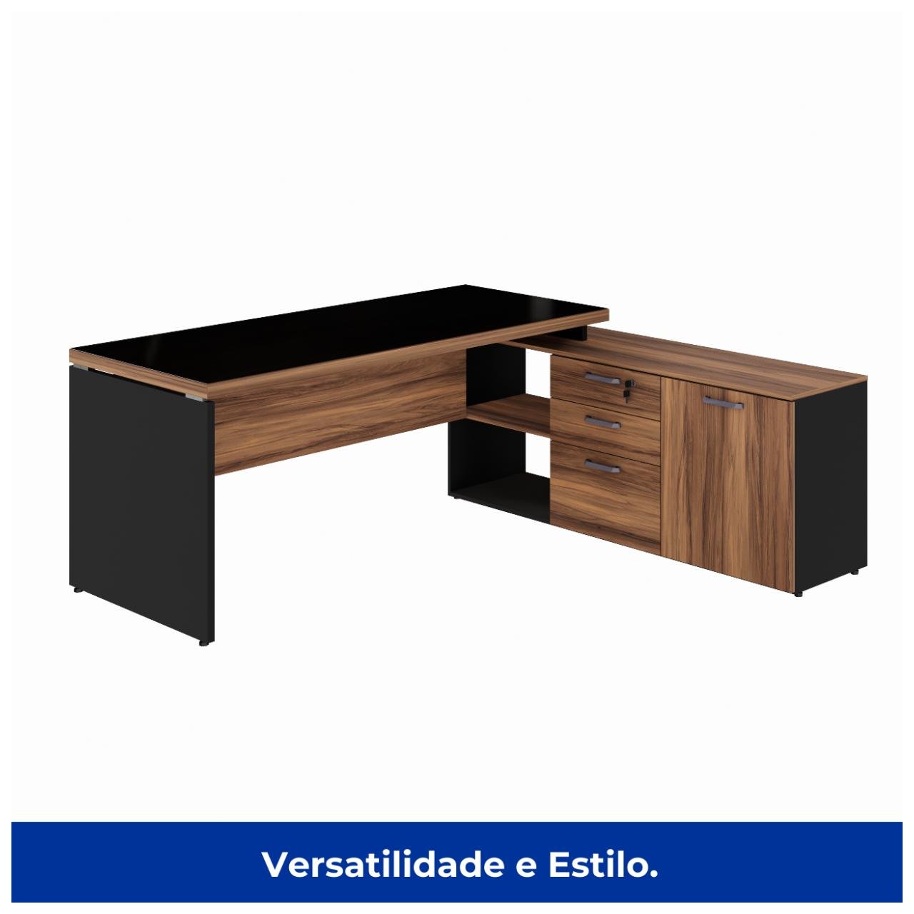 Mesa Diretorzinha c/ vidro c/ Aparador - Pé de MADEIRA - 1,90x1,50m - PMD - NOGAL SEVILHA / PRETO - 21428 - Imagem 6