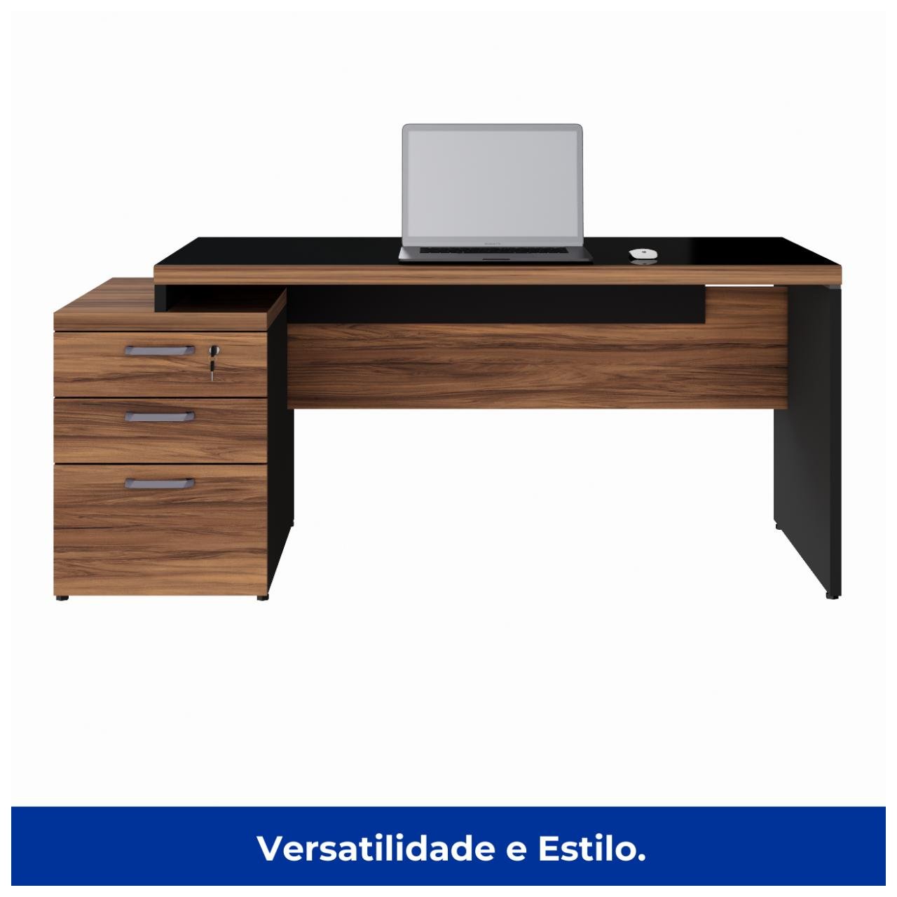 Mesa PEDESTAL RETA C/ VIDRO (03 Gav.) - 1,92X0,70m NOGAL SEVILHA/PRETO - 21399 - Imagem 5