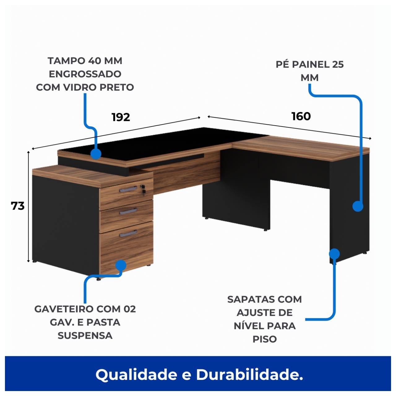 Mesa para Escritório em "L" com VIDRO FUMÊ - 1,92X1,60M NOGAL SEVILHA/PRETO - 21407 - Imagem 7