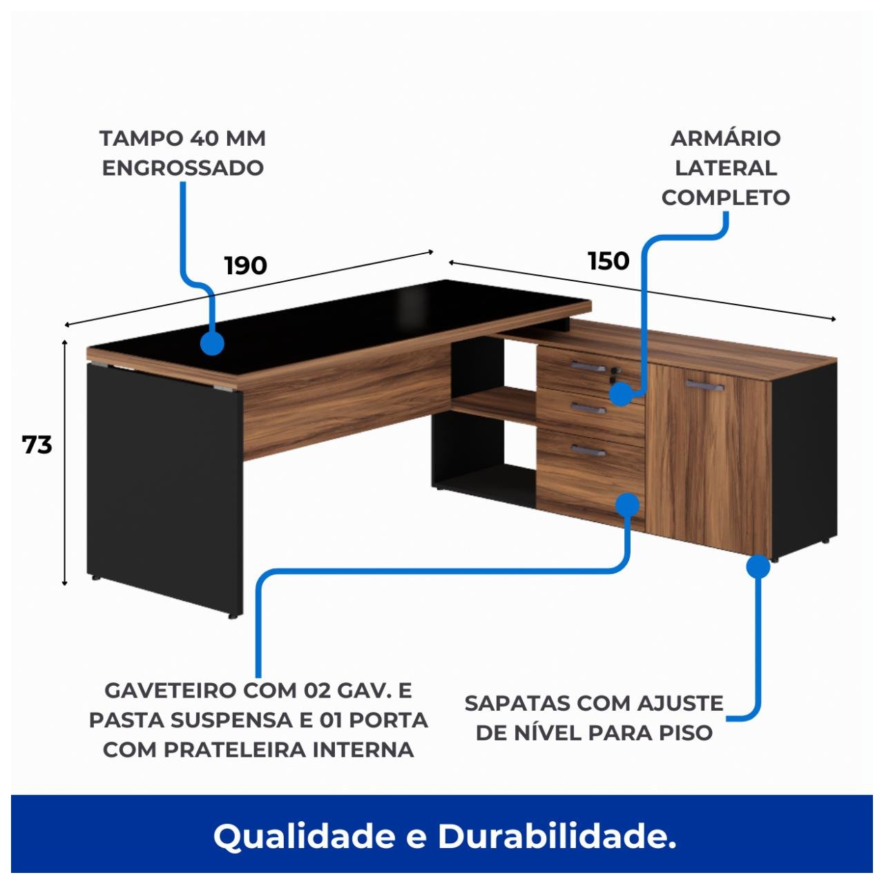 Mesa Diretorzinha c/ vidro c/ Aparador - Pé de MADEIRA - 1,90x1,50m - PMD - NOGAL SEVILHA / PRETO - 21428 - Imagem 7