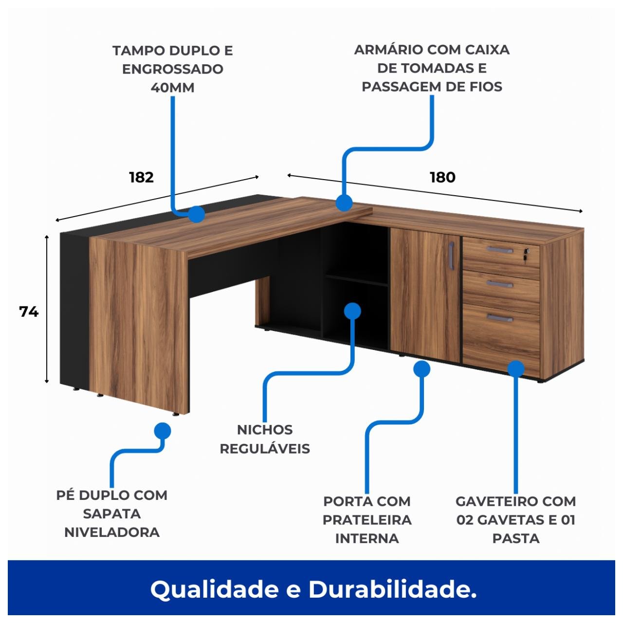 Mesa PRESIDENTE Armário Pedestal 1,82x1,80m NOGAL SEVILHA / PRETO - 20602 - Imagem 5