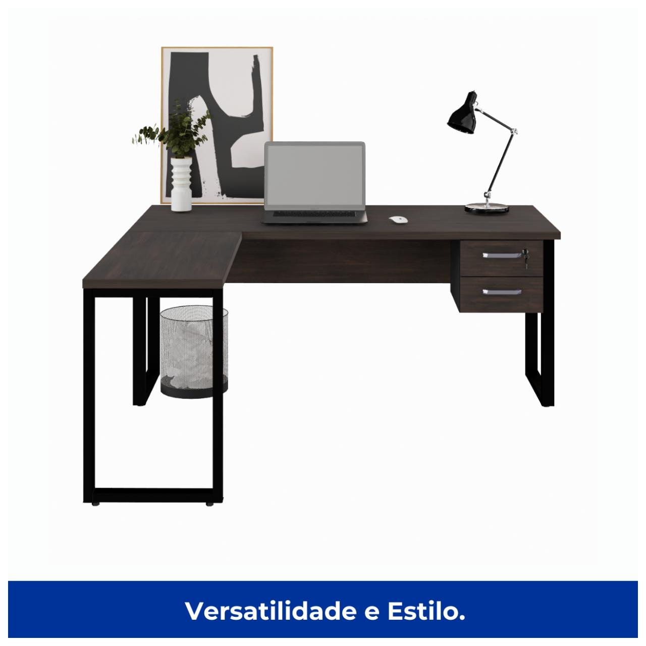 Mesa em L com PÉ QUADRO - (Mesa 1,70m x 0,70m + Mesa Auxiliar) - C/ Gavetas MARSALA/PRETO - 25479 - Imagem 8