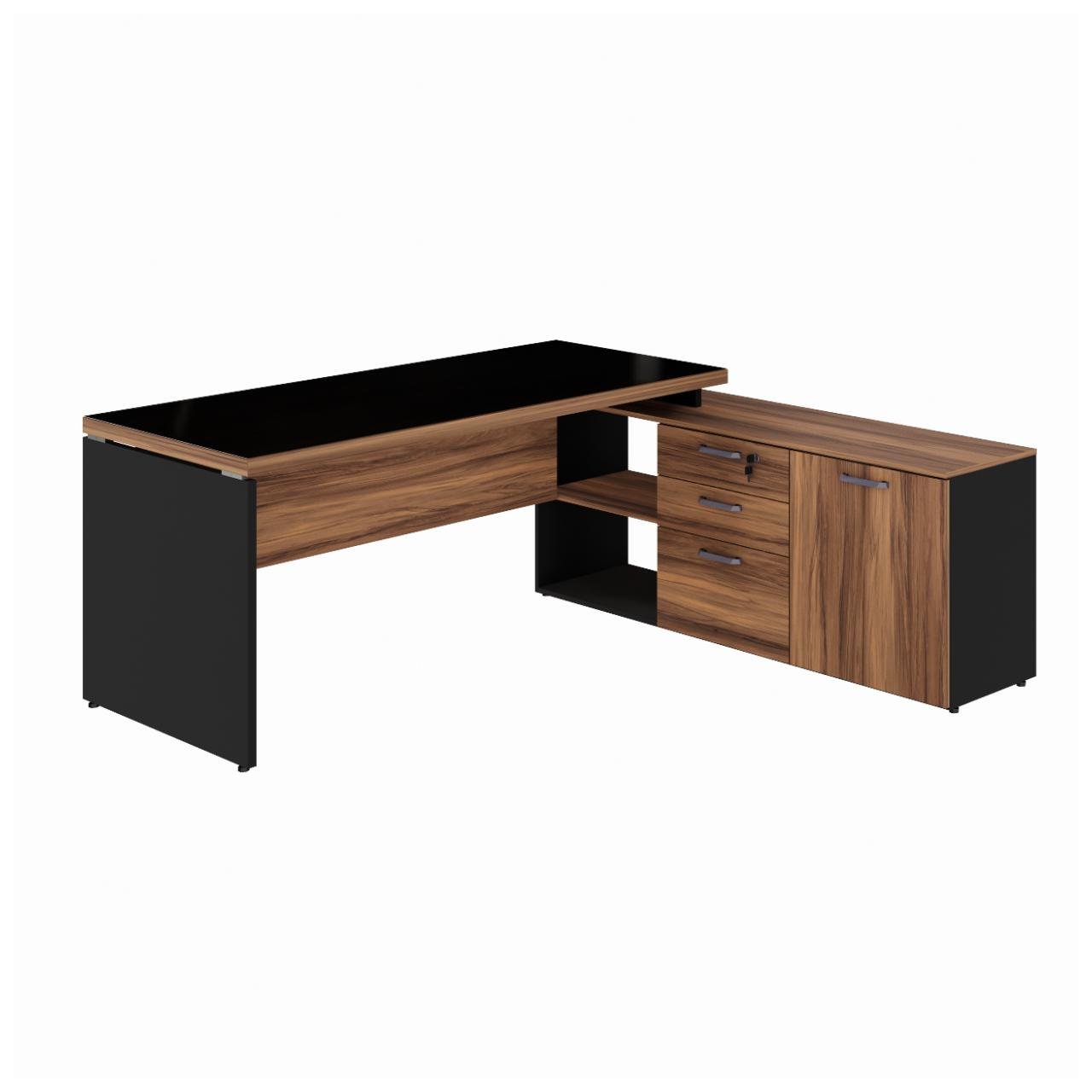 Mesa Diretorzinha c/ vidro c/ Aparador - Pé de MADEIRA - 1,90x1,50m - PMD - NOGAL SEVILHA / PRETO - 21428 - Imagem 8