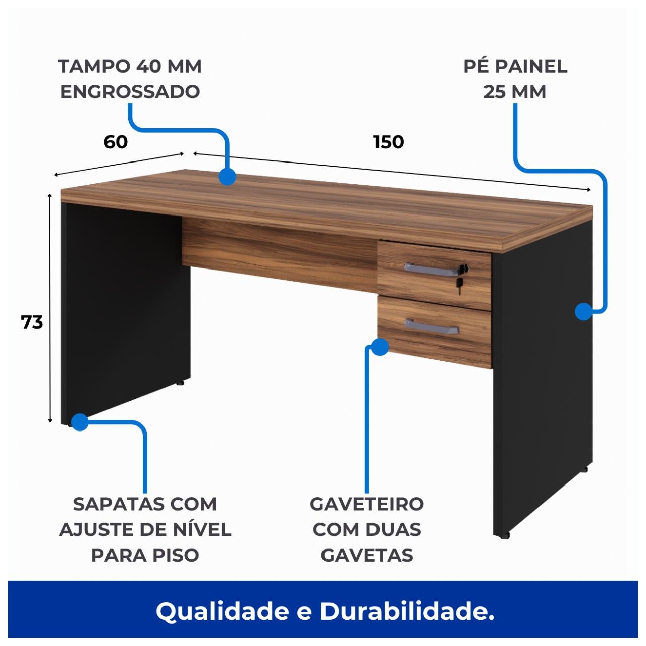 Mesa de Escritório com Gavetas 1,50x0,60m NOGAL SEVILHA/PRETO - 21473 - Imagem 7