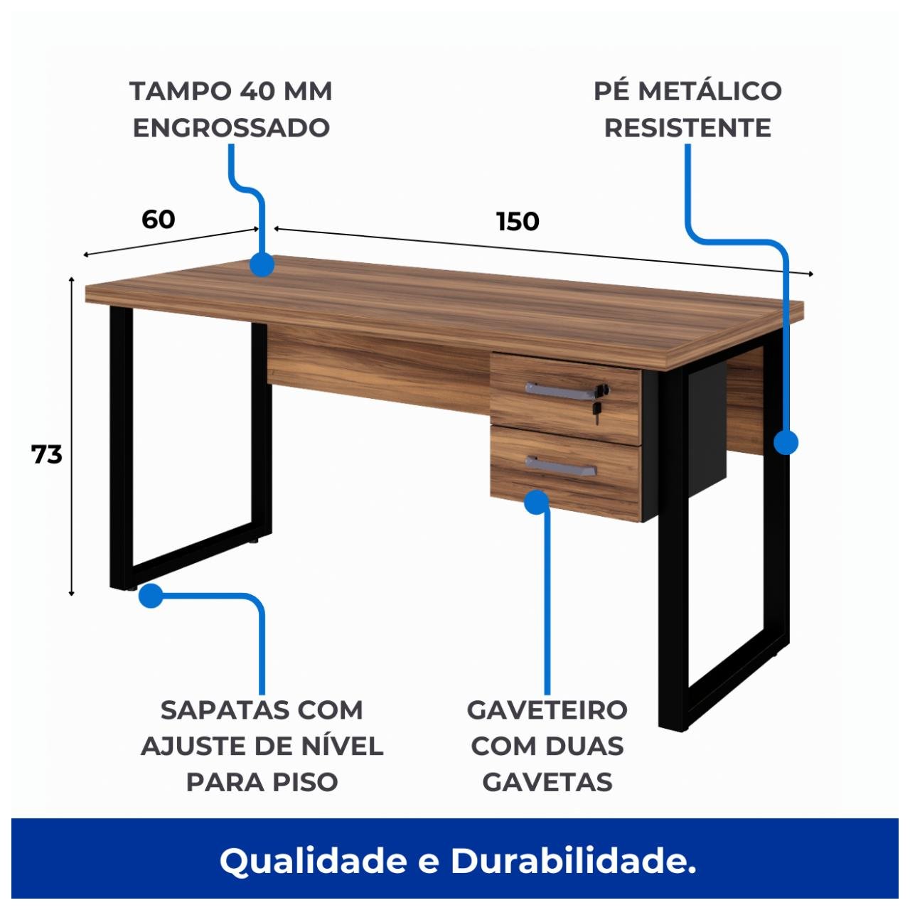 Mesa Escritório PÉ QUADRO 1,50x0,60m - C/ Gavetas - NOGAL SEVILHA/PRETO - 24473 - Imagem 6