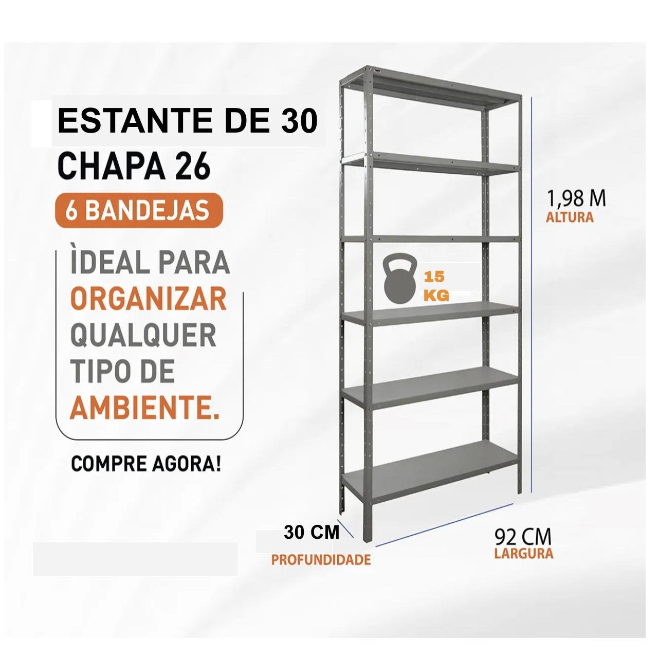 Estante de Aço com 06 Bandejas 30cm (26/20) – 1,98×0,90×0,30m – W3 – Cinza - 17011 - Imagem 5