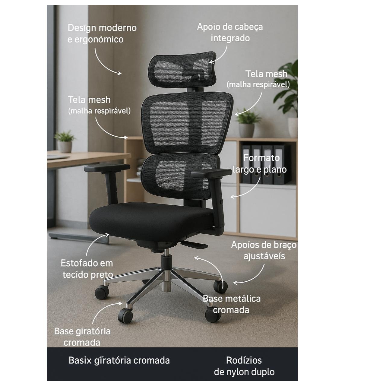 Cadeira de Escritório Presidente Tela ÉDON - Cor Preto - 30066 - Imagem 8