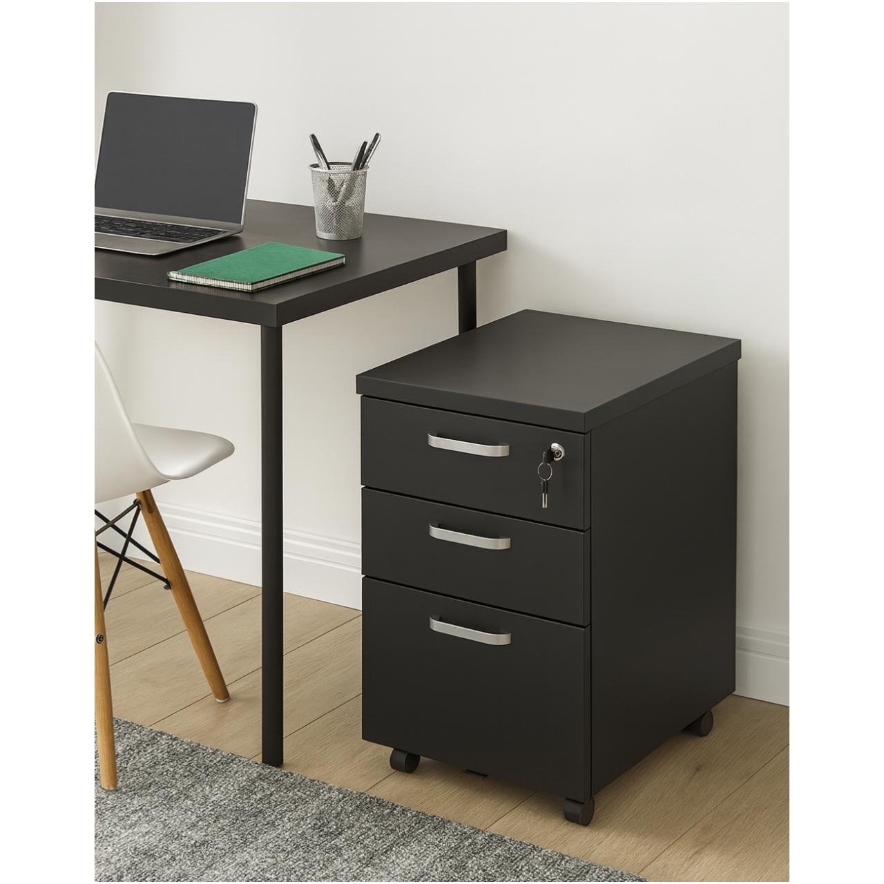 Gaveteiro Volante com 03 Gavetas com Rodízios e Fechadura - MDP Preto - 26034 - Imagem 7