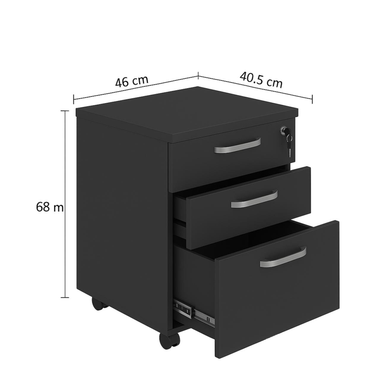 Gaveteiro Volante com 03 Gavetas com Rodízios e Fechadura - MDP Preto - 26034 - Imagem 3