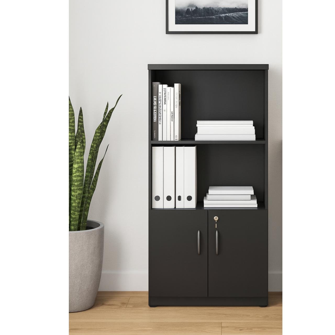 Armário Alto com Portas Inferiores e Prateleiras Abertas – MDP Preto - 26033 - Imagem 7